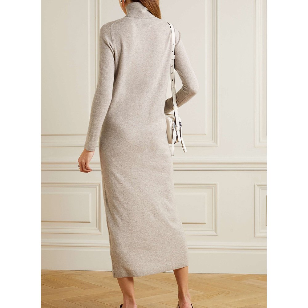 Custom plain knit turtleneck cashmere long dress knitted long sleeve winter women Merino wool maxi sweater dress for women