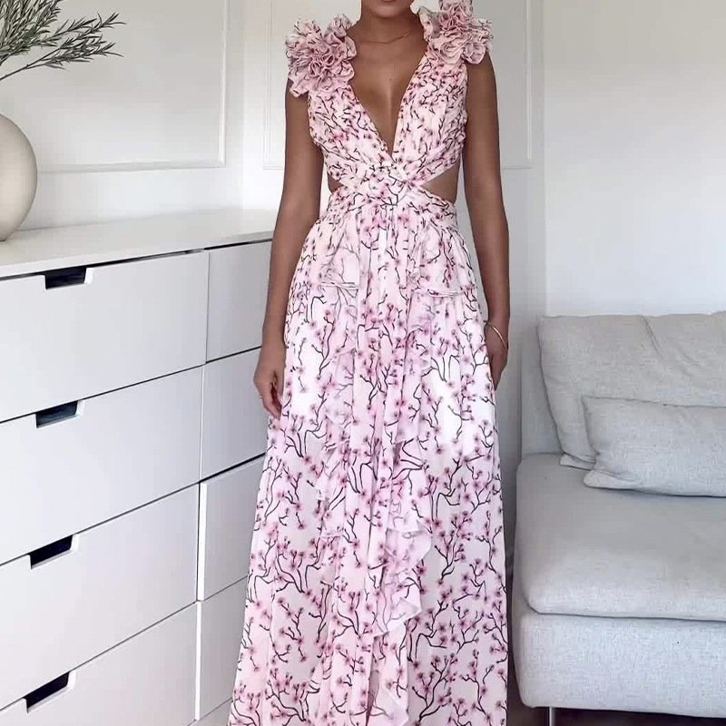 Hot Sell 2024 Fashion Summer Dress Backless Sexy Woman Dress V Neck Elegant Casual Dresses