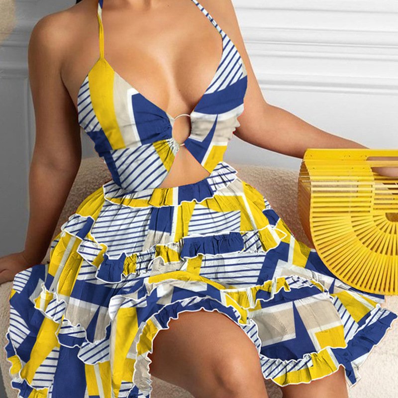 Sexy Loose Halter Sleeveless Holidays Sun dress Women Summer Boho Dress Hollow Out Floral Casual Dresses