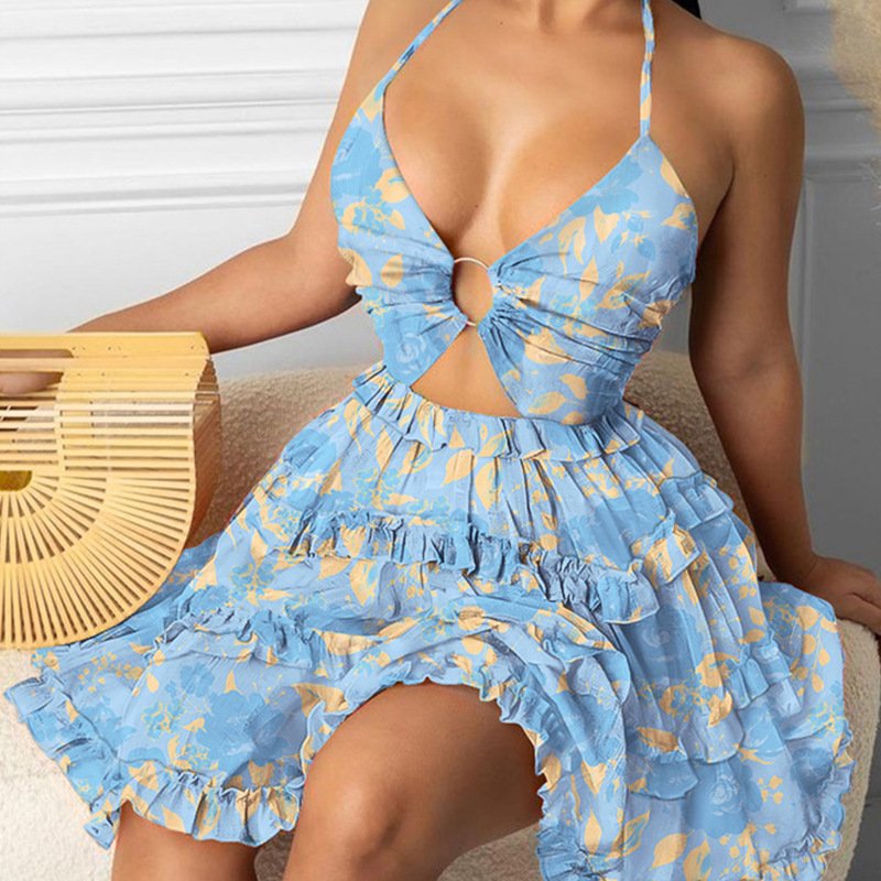 Sexy Loose Halter Sleeveless Holidays Sun dress Women Summer Boho Dress Hollow Out Floral Casual Dresses
