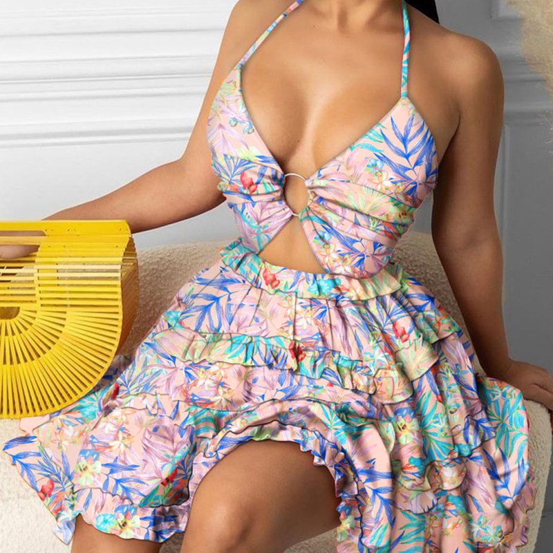 Sexy Loose Halter Sleeveless Holidays Sun dress Women Summer Boho Dress Hollow Out Floral Casual Dresses