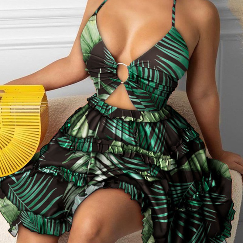Sexy Loose Halter Sleeveless Holidays Sun dress Women Summer Boho Dress Hollow Out Floral Casual Dresses