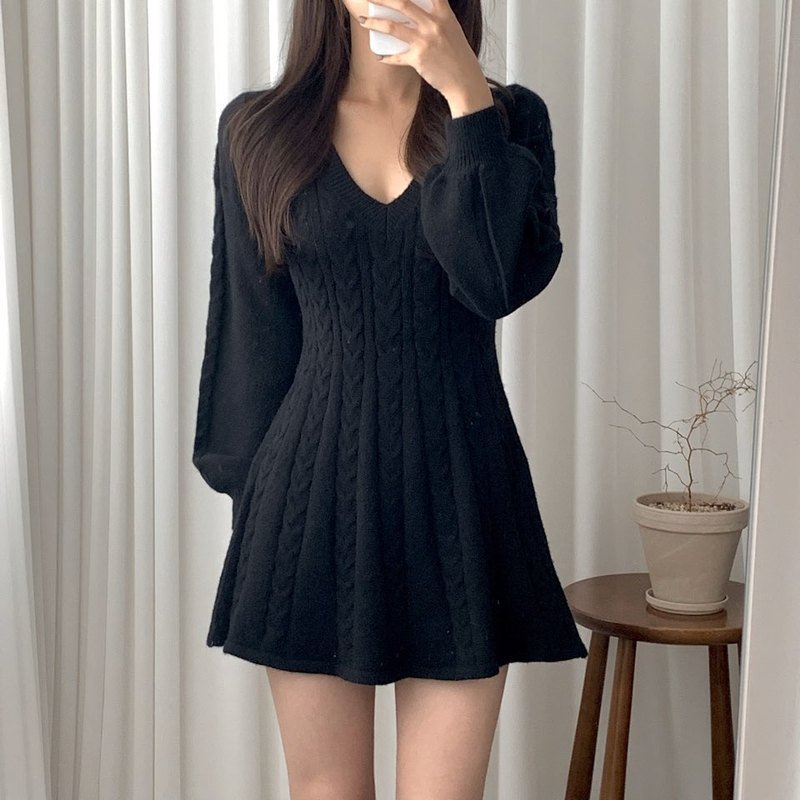 Liu Ming Korean Style Autumn Winter Women Elegant Lantern Sleeve V Neck A Line Knitted Dresses