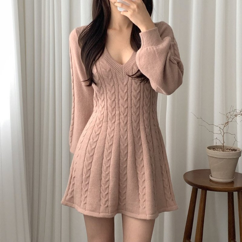 Liu Ming Korean Style Autumn Winter Women Elegant Lantern Sleeve V Neck A Line Knitted Dresses