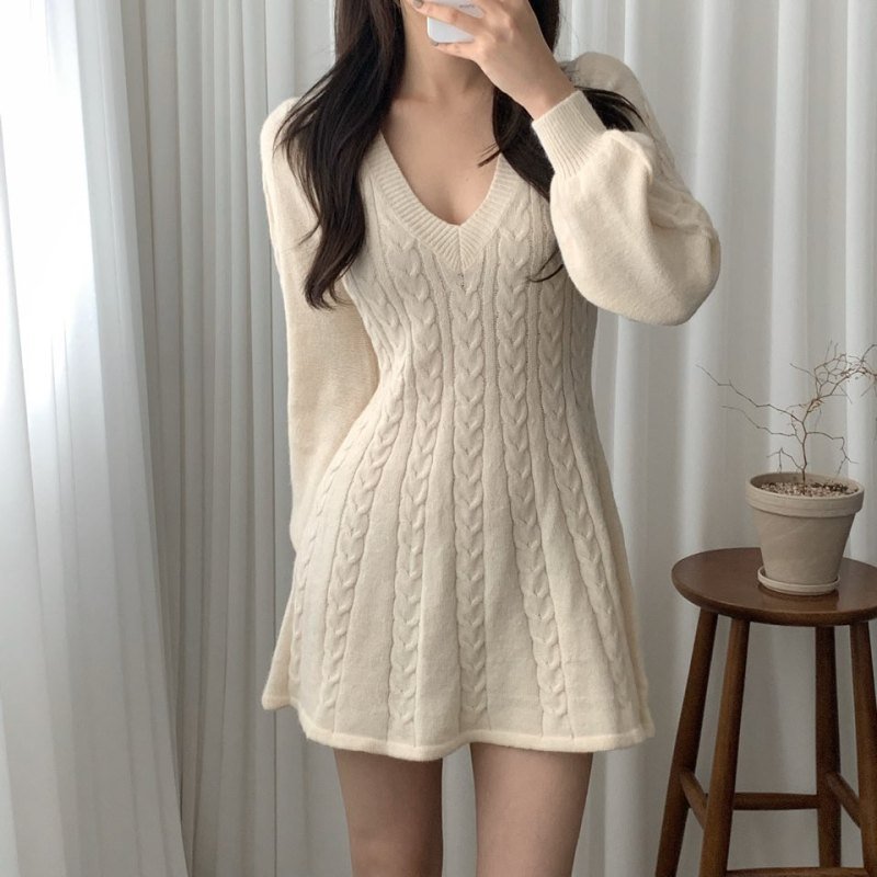 Liu Ming Korean Style Autumn Winter Women Elegant Lantern Sleeve V Neck A Line Knitted Dresses