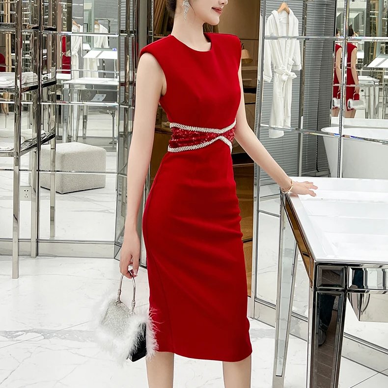 ZYHT 50103 Stylish Woven Summer Dress Sleeveless Crew Neck Simple Women Natural Waistline Washable Party Dress