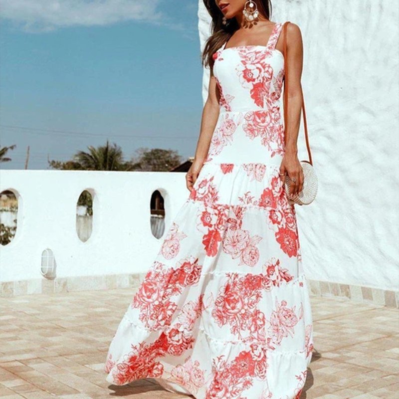 Hot Sales Ladies Sleeveless Maxi Long Dresses Printed Fluffy Women Elegant Casual Dresses