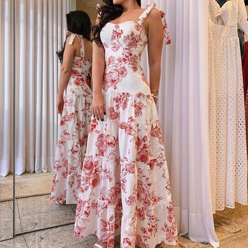 Hot Sales Ladies Sleeveless Maxi Long Dresses Printed Fluffy Women Elegant Casual Dresses