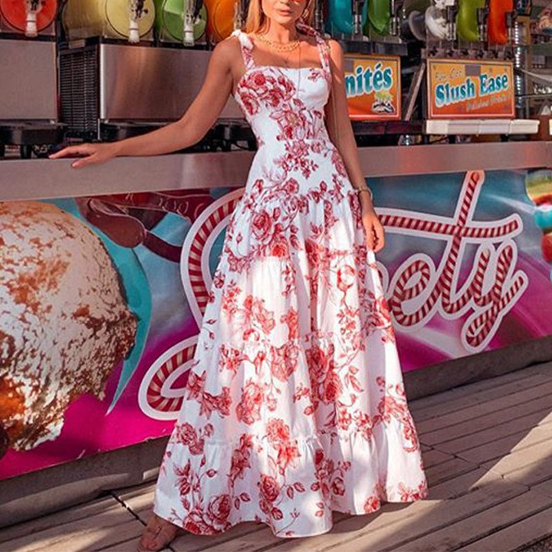 Hot Sales Ladies Sleeveless Maxi Long Dresses Printed Fluffy Women Elegant Casual Dresses