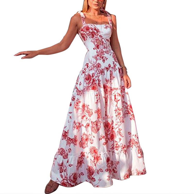 Hot Sales Ladies Sleeveless Maxi Long Dresses Printed Fluffy Women Elegant Casual Dresses