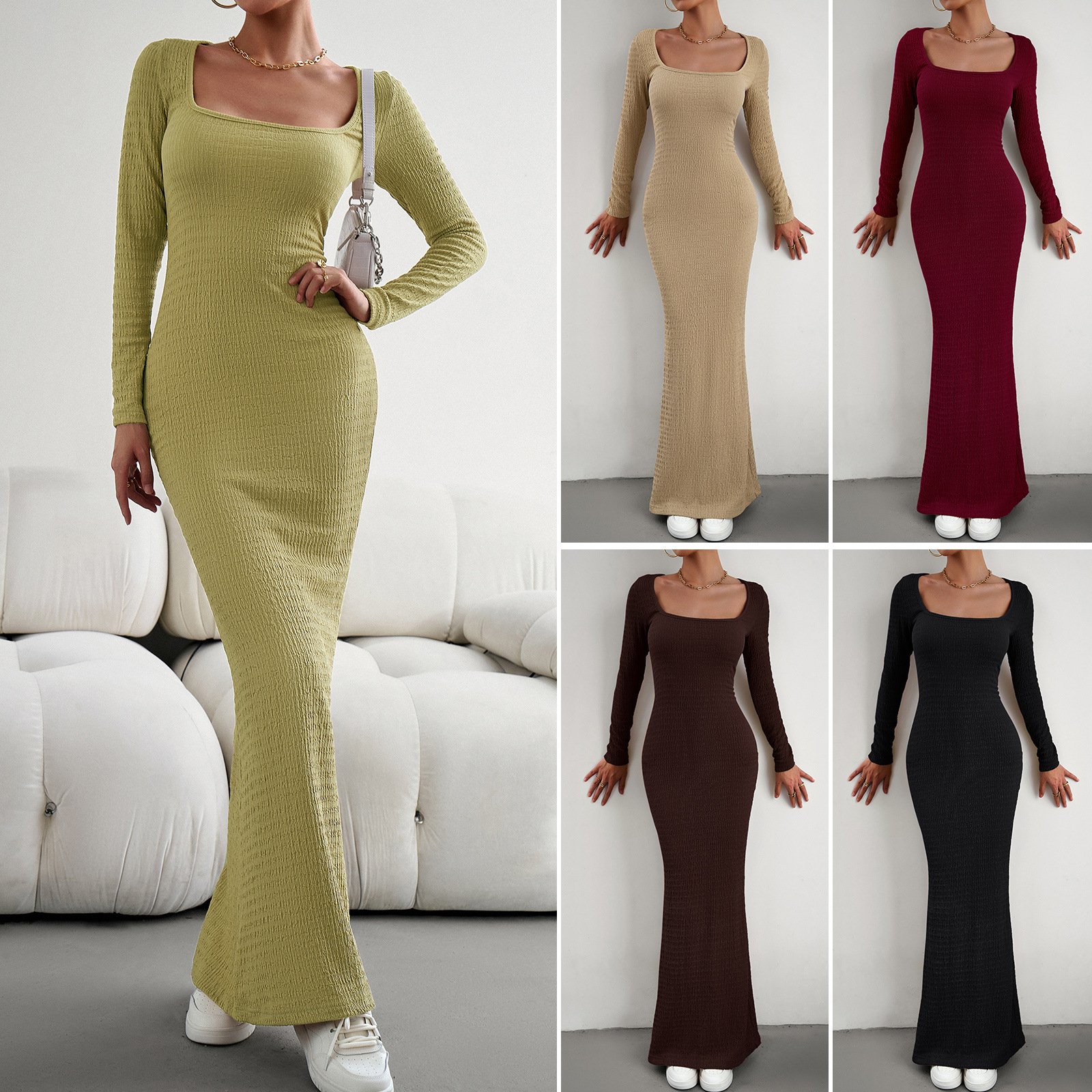 2024 New Design Fashion Women Long Shirt Fashion Solid Color Slim Square Collar Elegance Long Sleeve Knitted Dress