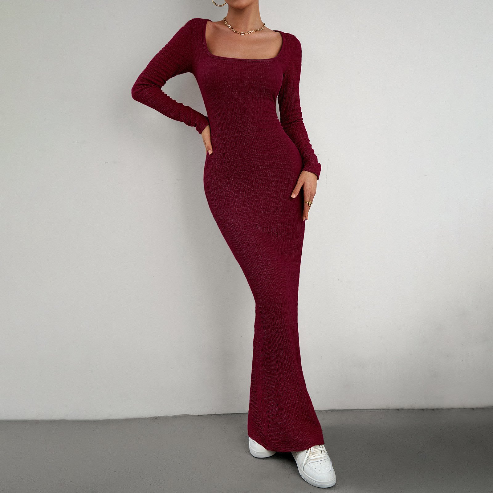 2024 New Design Fashion Women Long Shirt Fashion Solid Color Slim Square Collar Elegance Long Sleeve Knitted Dress