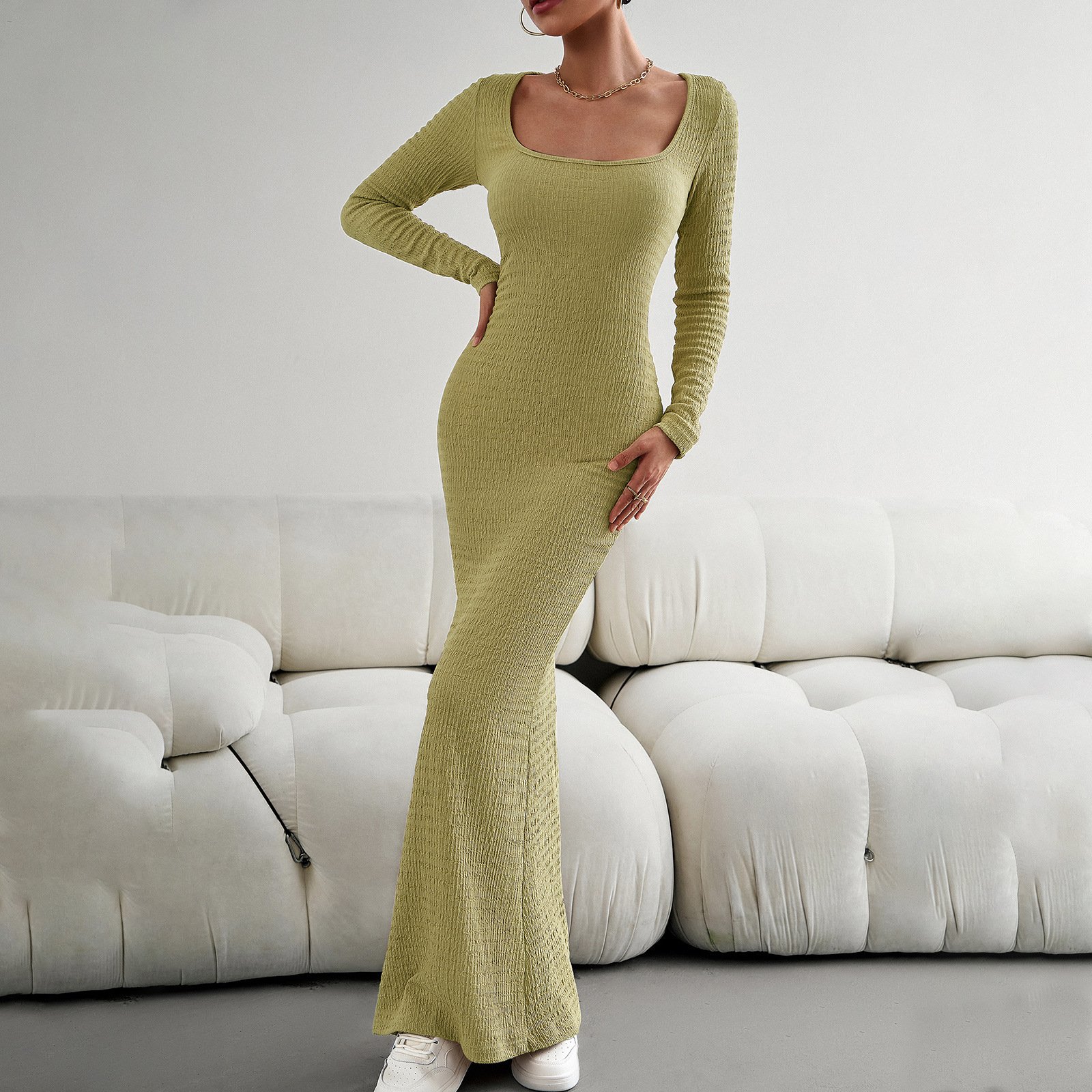 2024 New Design Fashion Women Long Shirt Fashion Solid Color Slim Square Collar Elegance Long Sleeve Knitted Dress