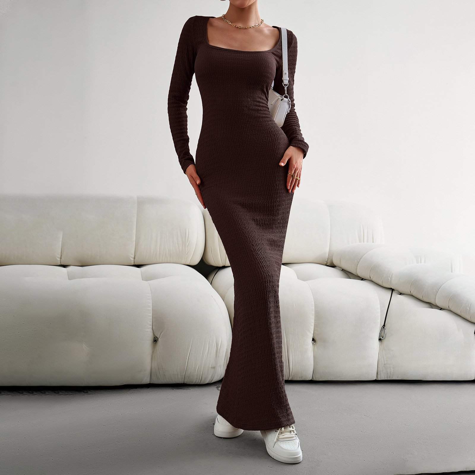 2024 New Design Fashion Women Long Shirt Fashion Solid Color Slim Square Collar Elegance Long Sleeve Knitted Dress