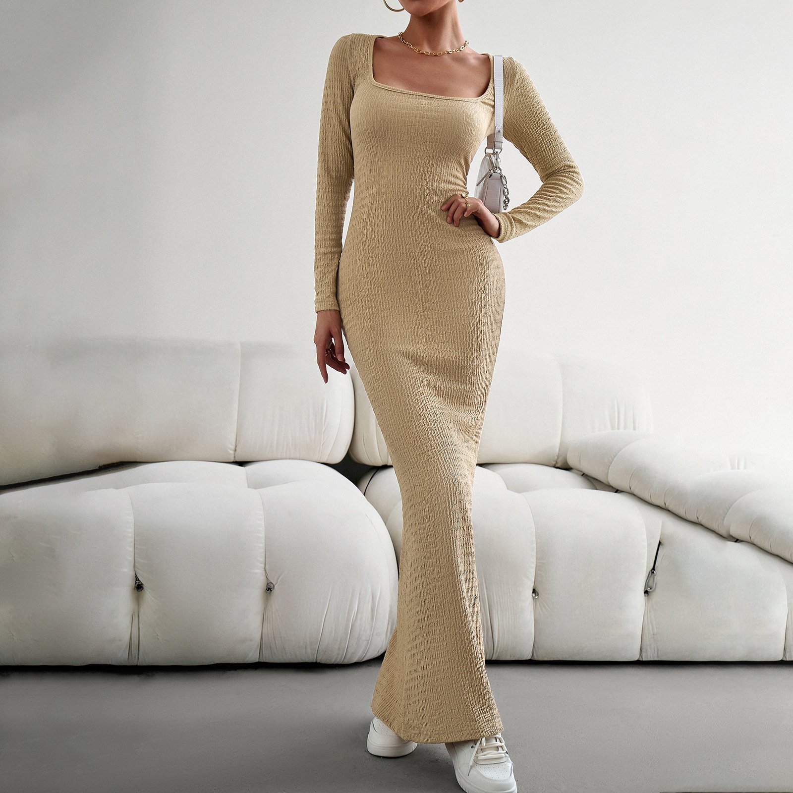 2024 New Design Fashion Women Long Shirt Fashion Solid Color Slim Square Collar Elegance Long Sleeve Knitted Dress
