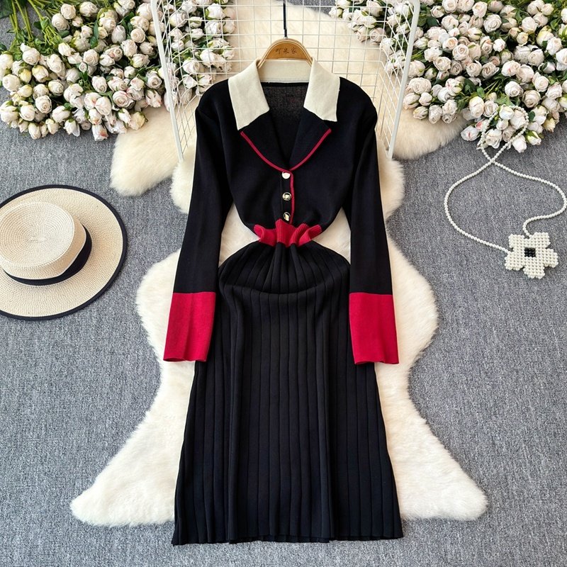 French Retro Color Collision Lapel Knit Dress Women'S New Long Sweater Dress In Autumn Winter