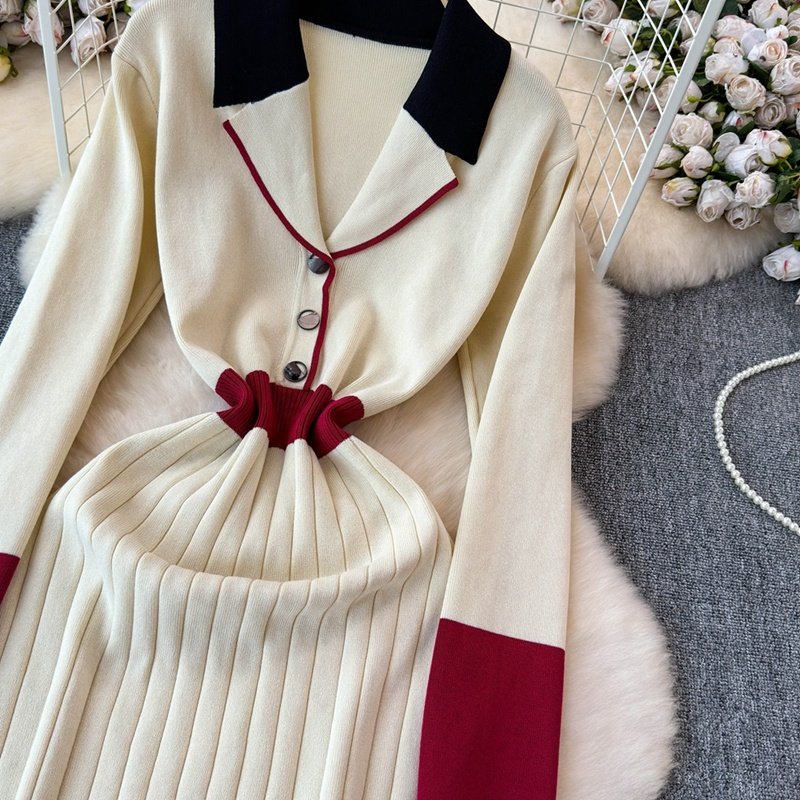French Retro Color Collision Lapel Knit Dress Women'S New Long Sweater Dress In Autumn Winter