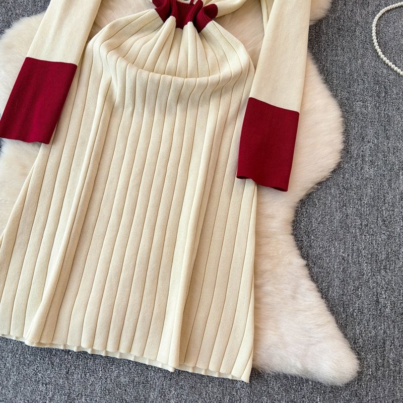 French Retro Color Collision Lapel Knit Dress Women'S New Long Sweater Dress In Autumn Winter