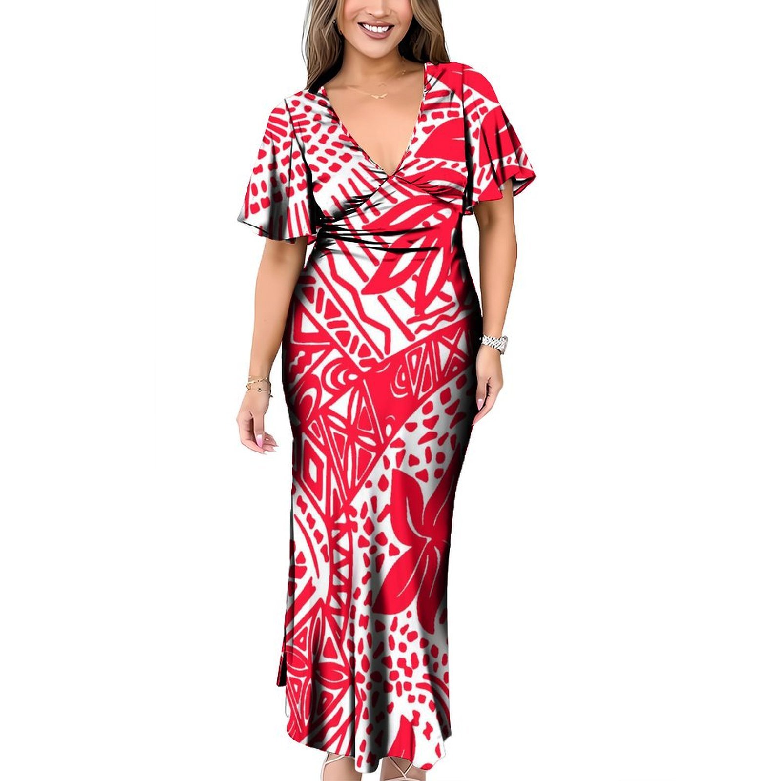 New 1MOQ Custom Tonga Polynesian Tribal Design Deep V Neck Long Dress Back Neck Belts Casual Dresses Plus Size Women Dresses 6XL