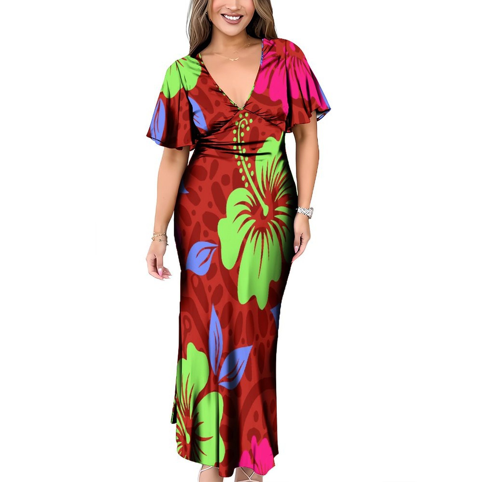 New 1MOQ Custom Tonga Polynesian Tribal Design Deep V Neck Long Dress Back Neck Belts Casual Dresses Plus Size Women Dresses 6XL