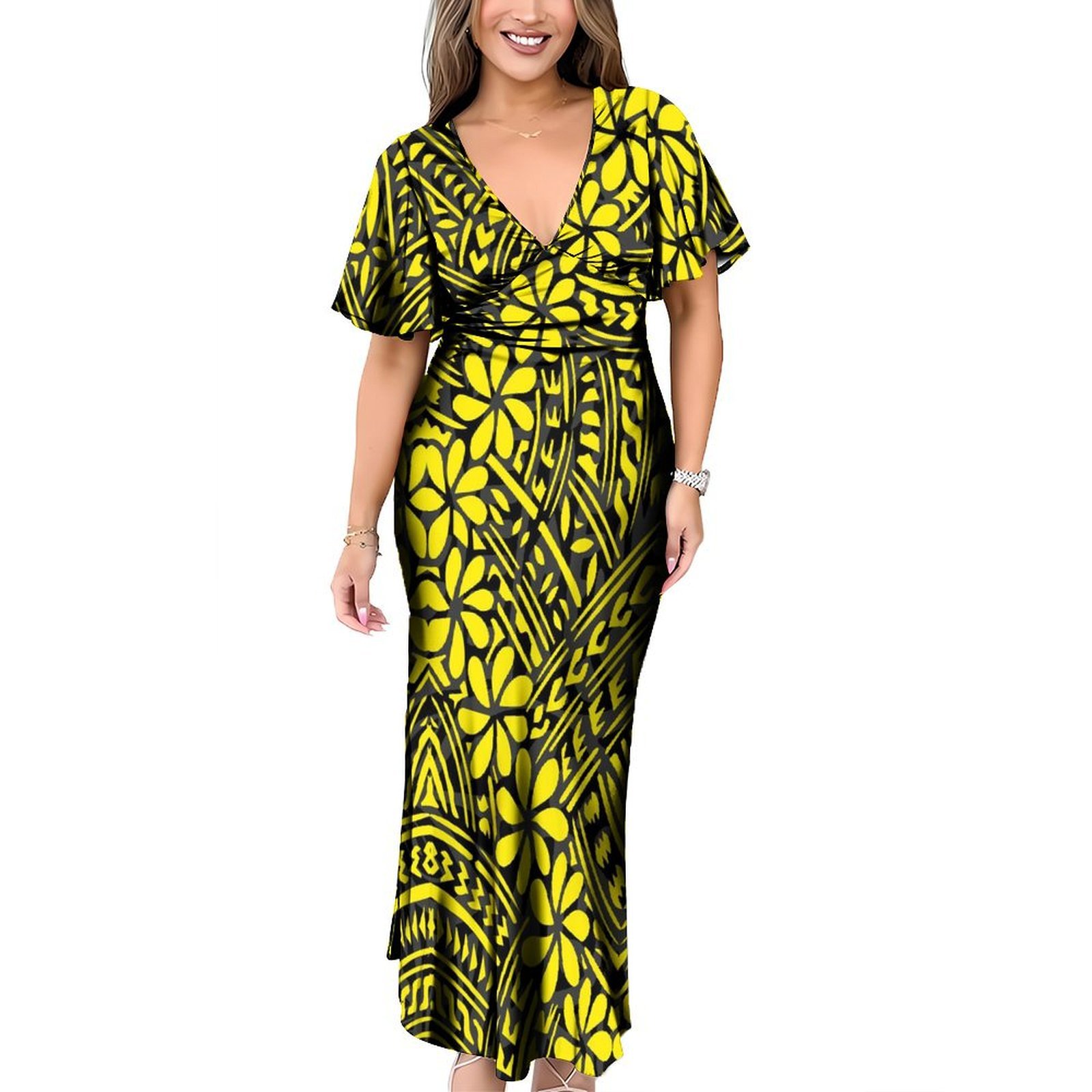 New 1MOQ Custom Tonga Polynesian Tribal Design Deep V Neck Long Dress Back Neck Belts Casual Dresses Plus Size Women Dresses 6XL