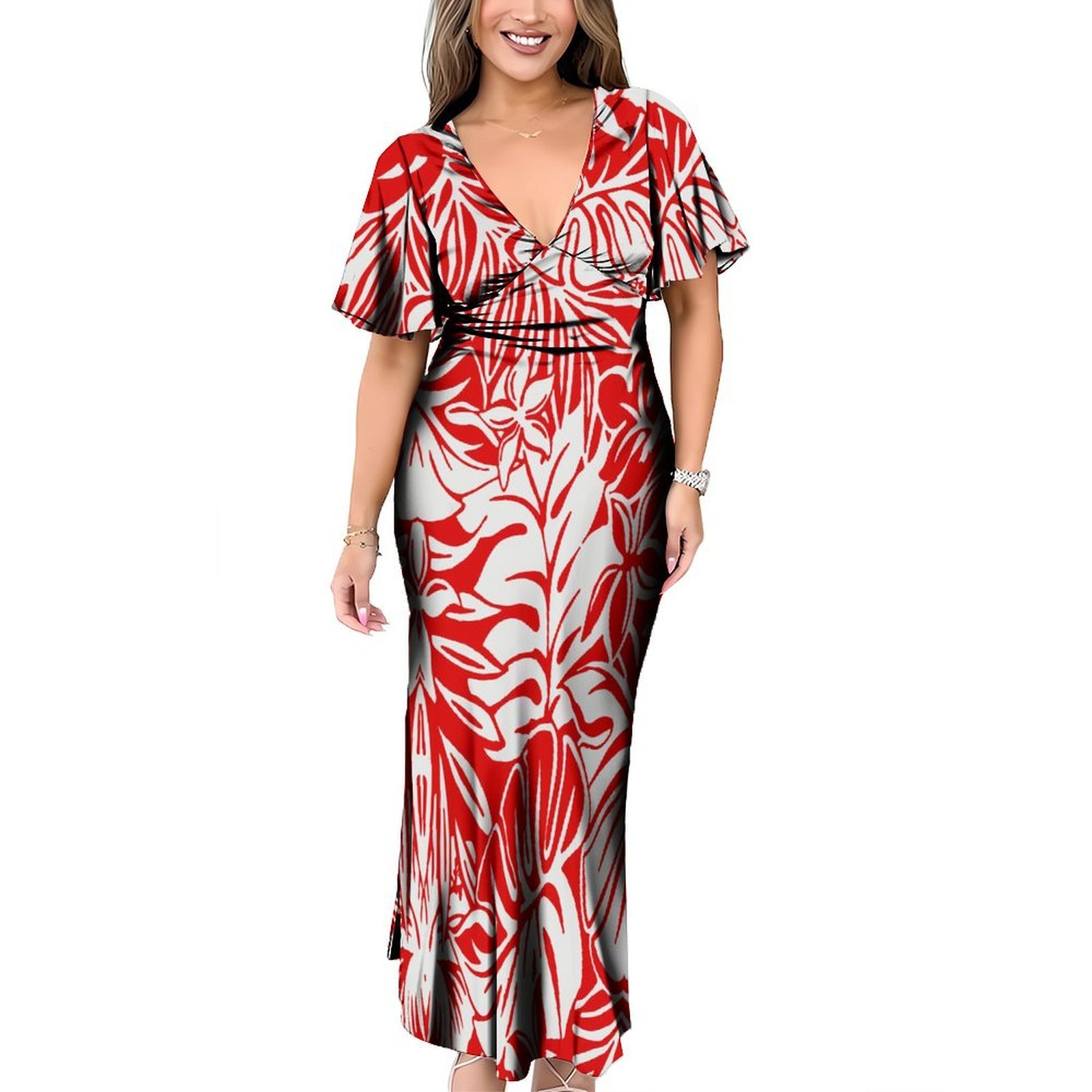 New 1MOQ Custom Tonga Polynesian Tribal Design Deep V Neck Long Dress Back Neck Belts Casual Dresses Plus Size Women Dresses 6XL