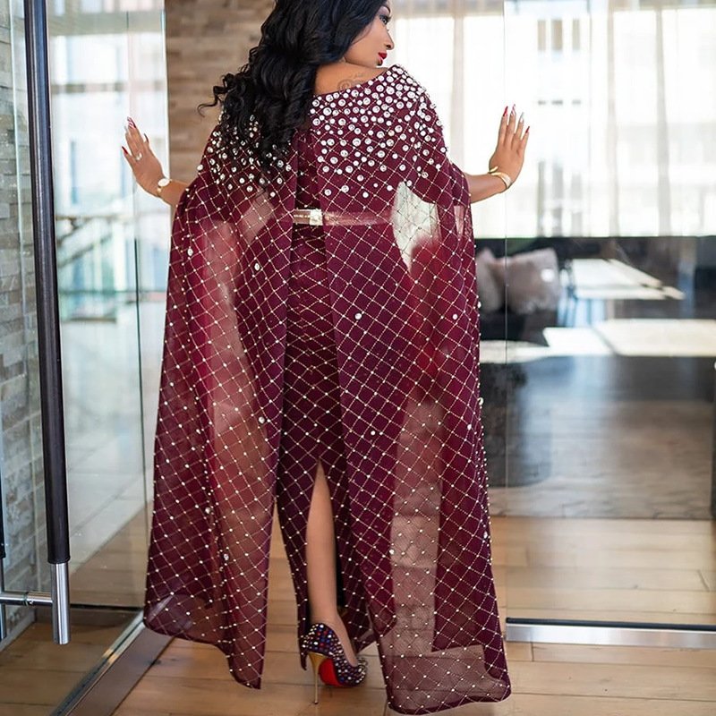 2024 New Arrival Fashion Sexy Hollow Out Rhinestone Elegant Cloak Gown Temperament Luxury Africa Party Long Dress Women