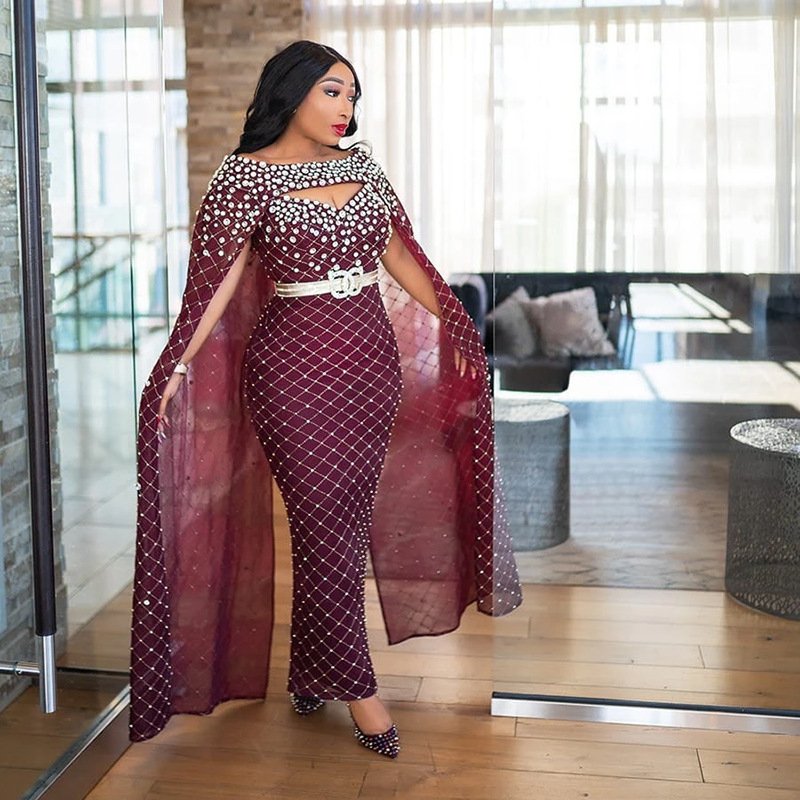2024 New Arrival Fashion Sexy Hollow Out Rhinestone Elegant Cloak Gown Temperament Luxury Africa Party Long Dress Women