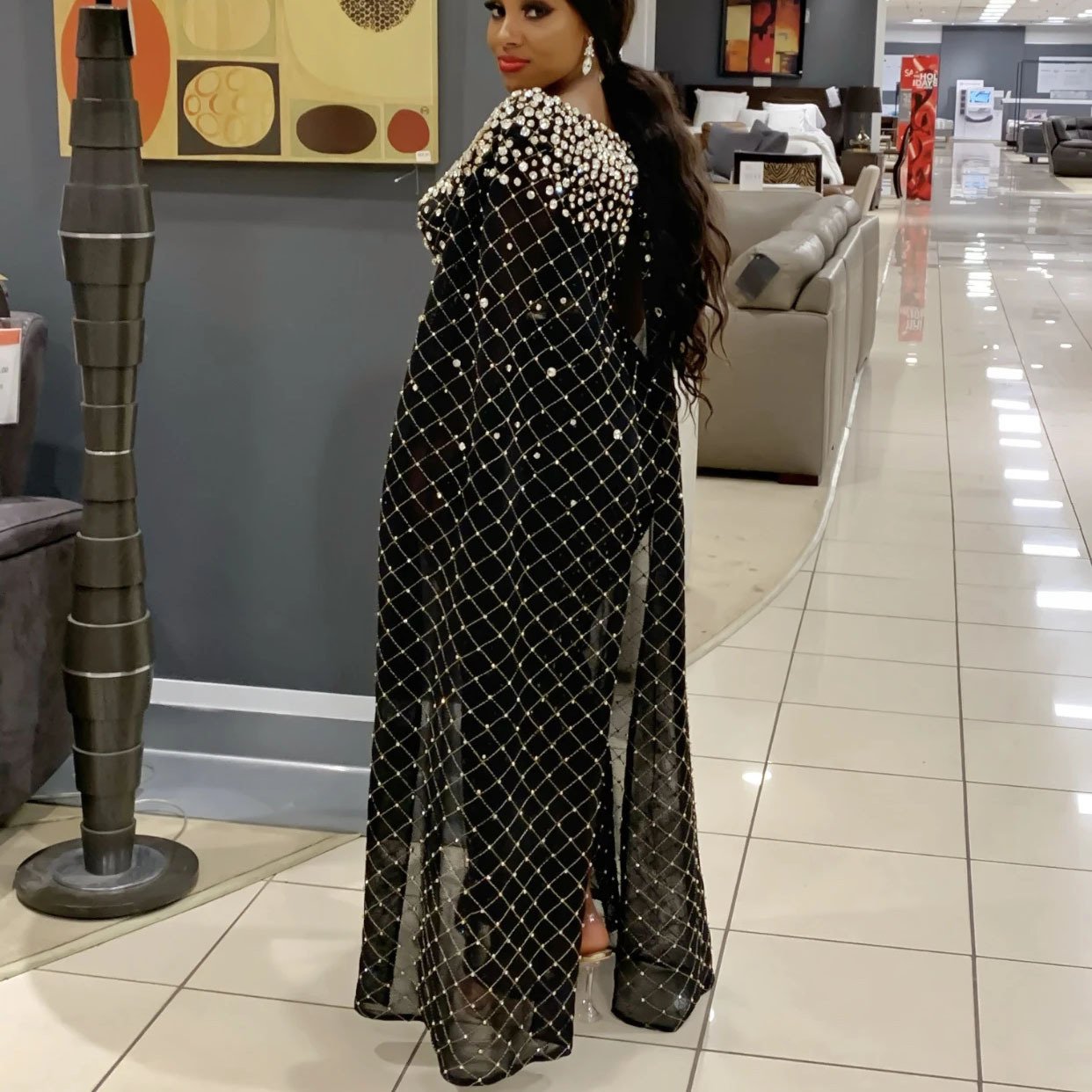 2024 New Arrival Fashion Sexy Hollow Out Rhinestone Elegant Cloak Gown Temperament Luxury Africa Party Long Dress Women