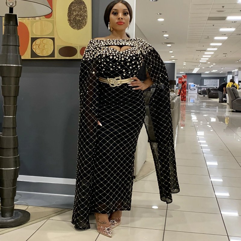 2024 New Arrival Fashion Sexy Hollow Out Rhinestone Elegant Cloak Gown Temperament Luxury Africa Party Long Dress Women