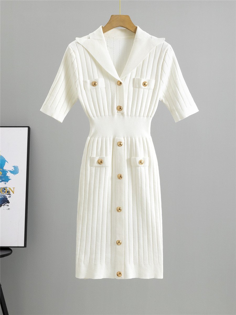 Solid Color Knitted Midi Skirt Short-Sleeved Dress Women 2024 Summer New Fashion Slim High-Class Bohemian Style Casual Winter