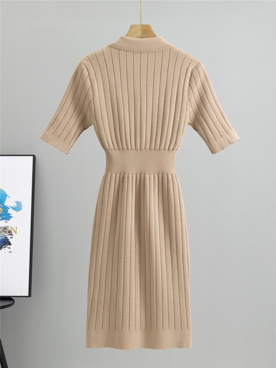 Solid Color Knitted Midi Skirt Short-Sleeved Dress Women 2024 Summer New Fashion Slim High-Class Bohemian Style Casual Winter