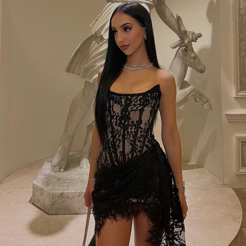 Liu Ming Women Clothing Summer Sexy Hollow Out Mesh See Through Sleeveless Club Mini Dress