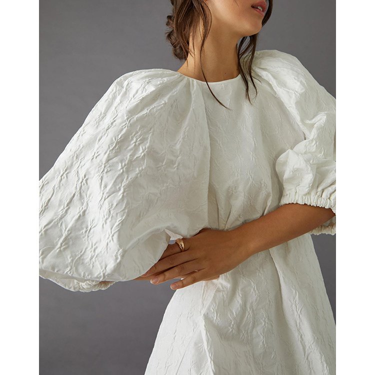 OEM factory high quality white crew neck elegant dress cheap clothing womens long puff sleeve casual dresses