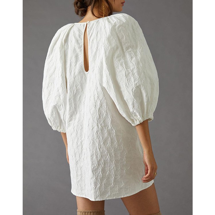 OEM factory high quality white crew neck elegant dress cheap clothing womens long puff sleeve casual dresses