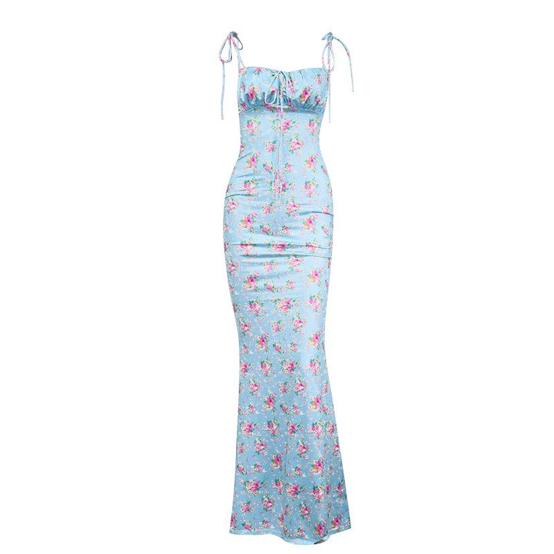 China factory custom logo women sleeveless floral printing dress sashes ladies long dresses