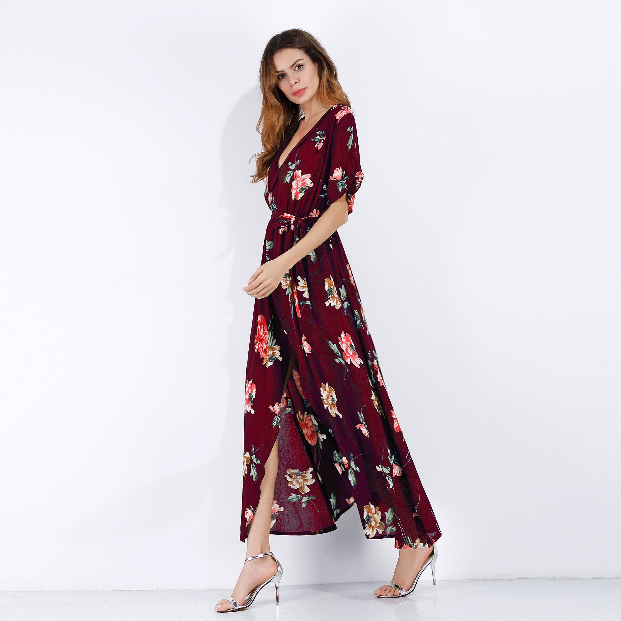 Summer Fashion Casual Printed Floral Long Dresses Elegant A-line Short Sleeve Seaside Holiday Party Women Dress