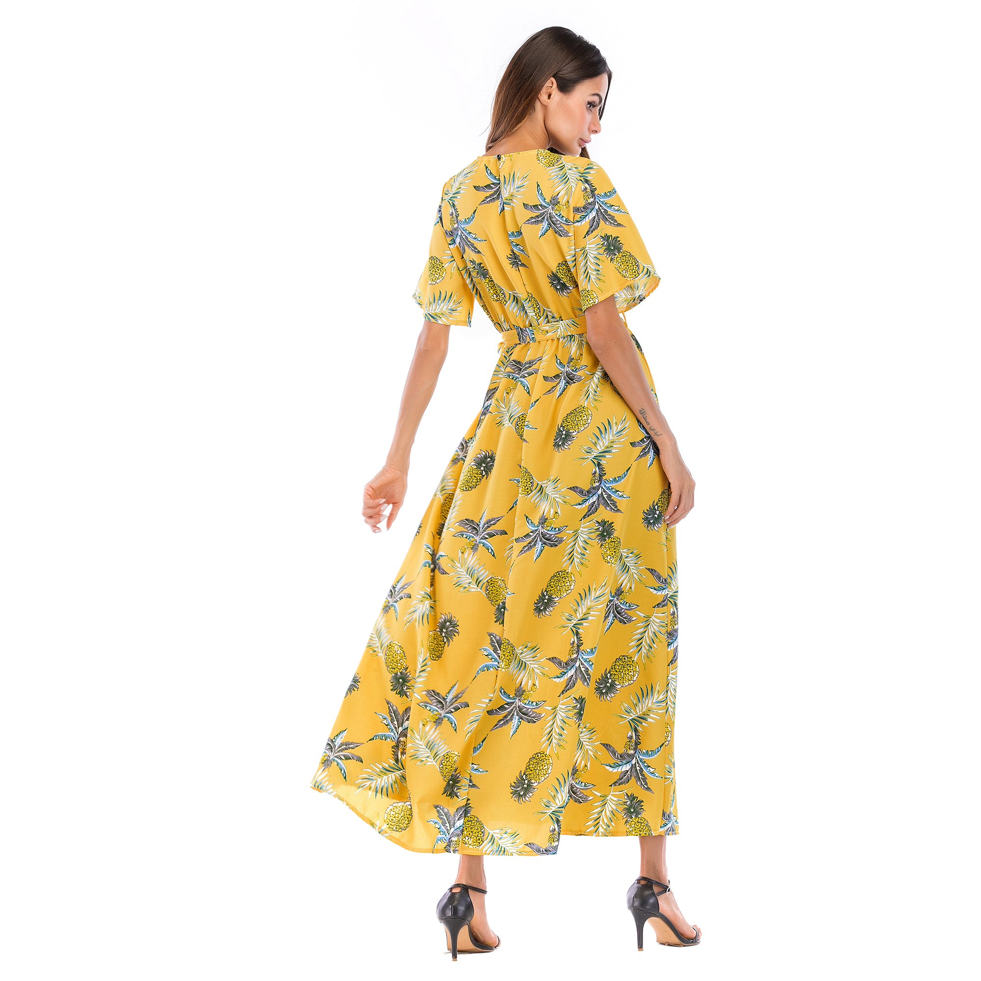 Summer Fashion Casual Printed Floral Long Dresses Elegant A-line Short Sleeve Seaside Holiday Party Women Dress