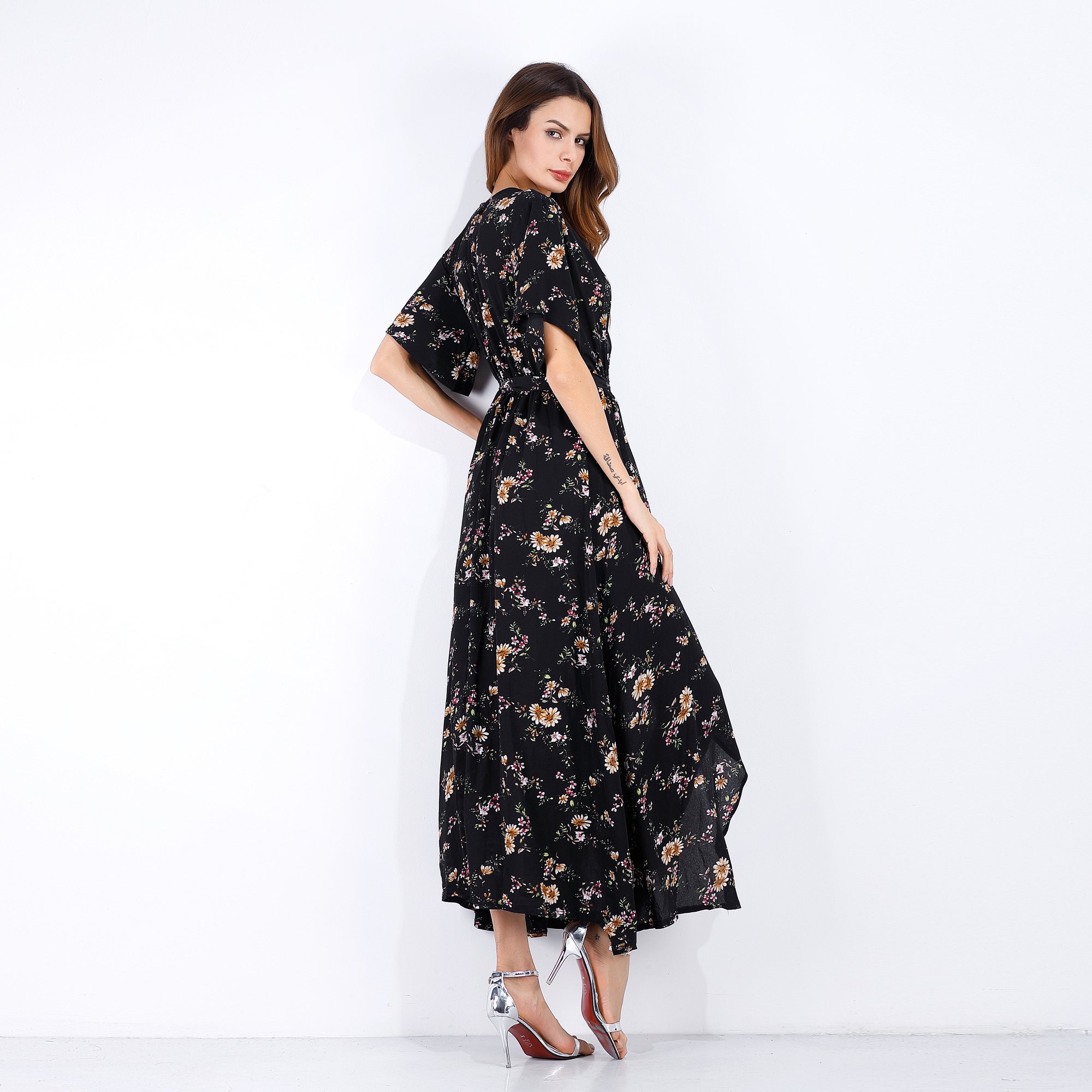Summer Fashion Casual Printed Floral Long Dresses Elegant A-line Short Sleeve Seaside Holiday Party Women Dress