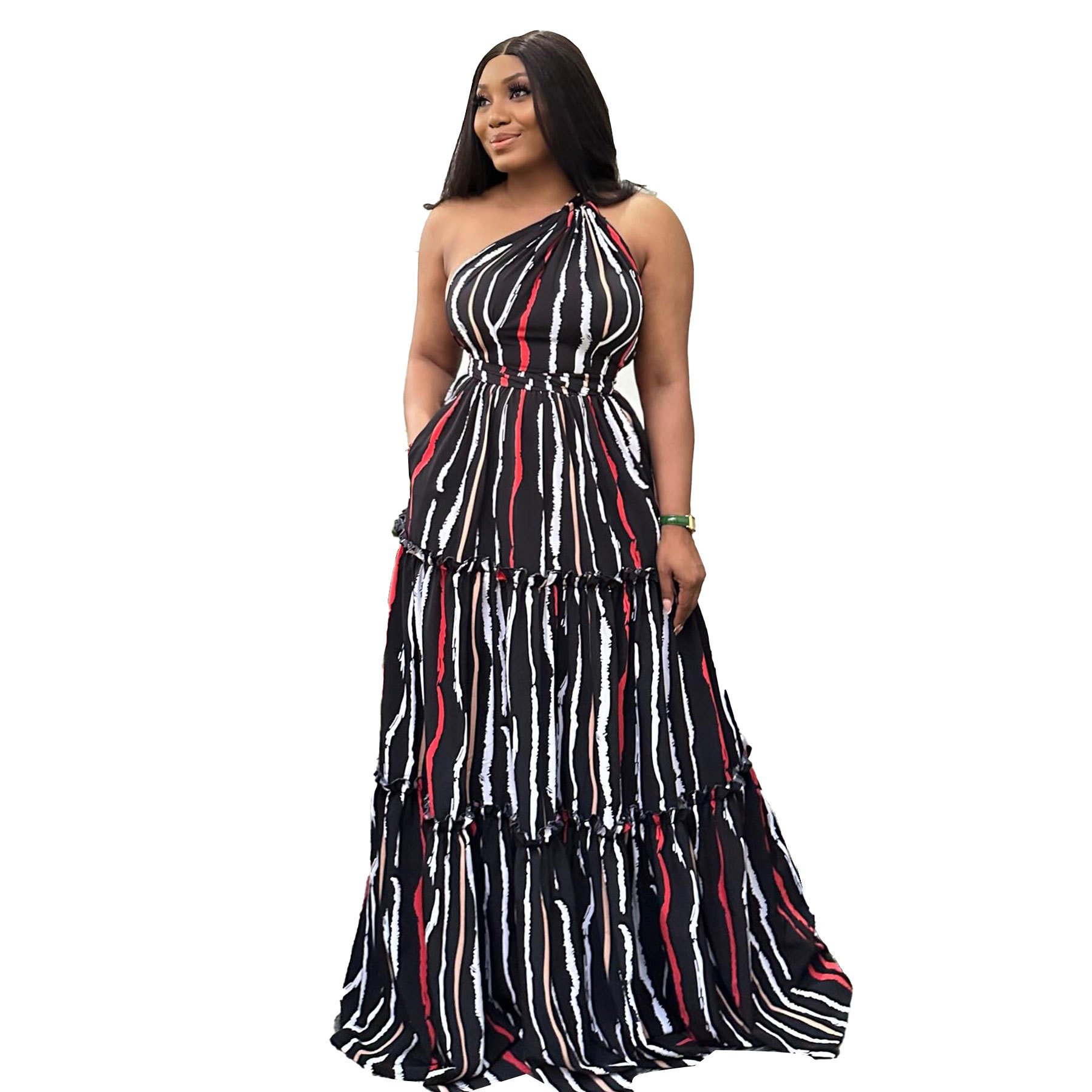 Splicing Plus Size Women Dress Wholesale Black White Vertical Striped Dress Plus Size Sleeveless Casual Dress For Fat Women