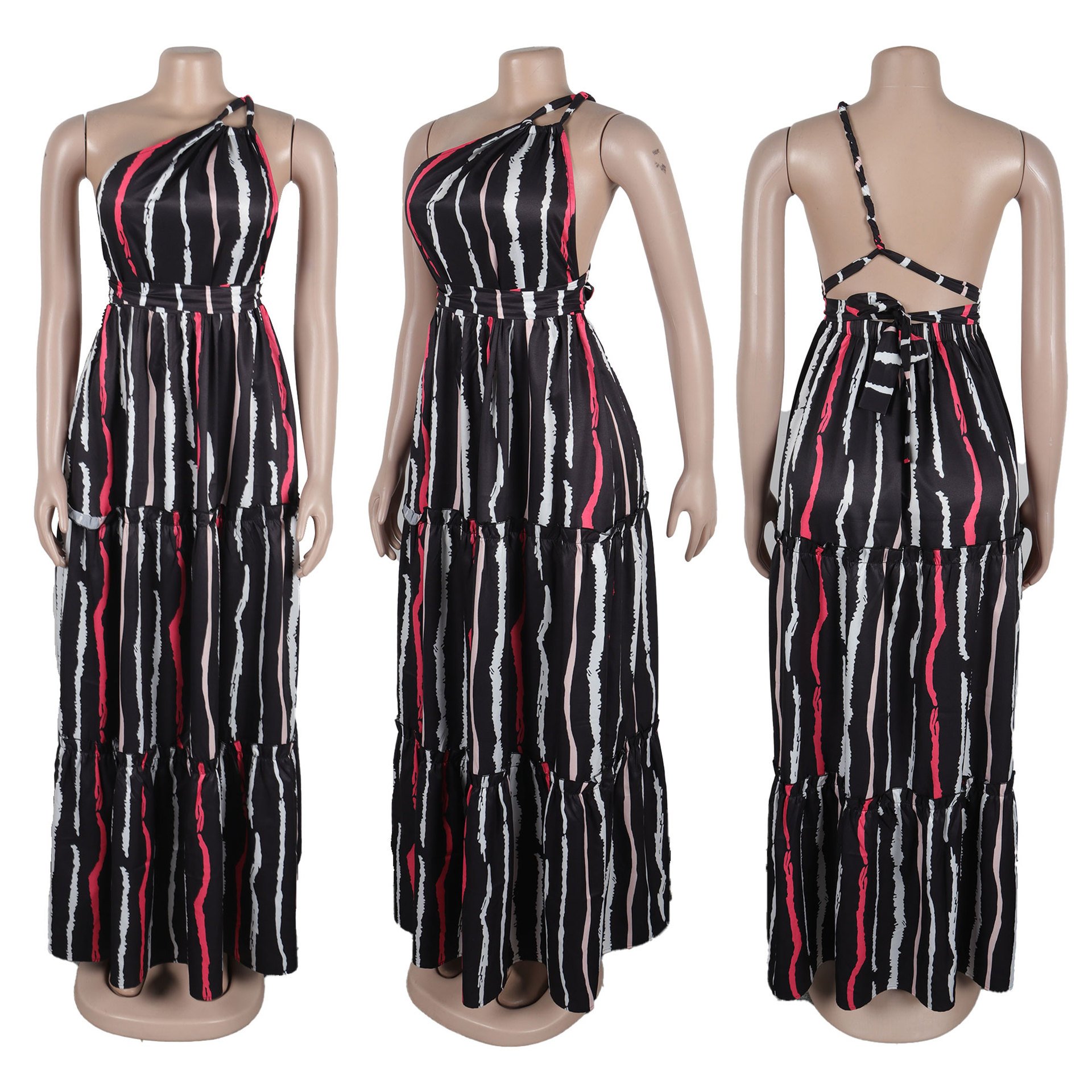 Splicing Plus Size Women Dress Wholesale Black White Vertical Striped Dress Plus Size Sleeveless Casual Dress For Fat Women