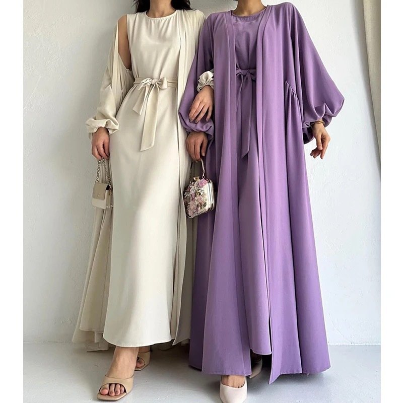 Hot Sale Two Pieces Set Modest Abaya Kaftan Casual Dress Muslim Women Long Sleeve Jazz Crepe Open Abaya Set