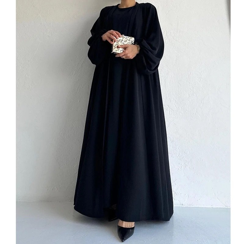 Hot Sale Two Pieces Set Modest Abaya Kaftan Casual Dress Muslim Women Long Sleeve Jazz Crepe Open Abaya Set