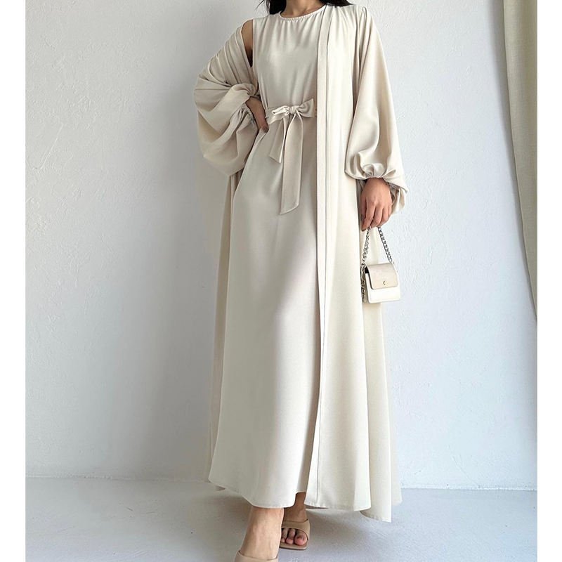 Hot Sale Two Pieces Set Modest Abaya Kaftan Casual Dress Muslim Women Long Sleeve Jazz Crepe Open Abaya Set