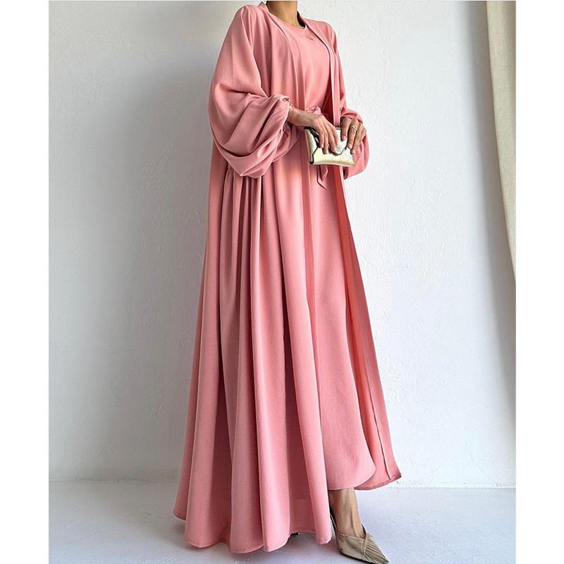 Hot Sale Two Pieces Set Modest Abaya Kaftan Casual Dress Muslim Women Long Sleeve Jazz Crepe Open Abaya Set