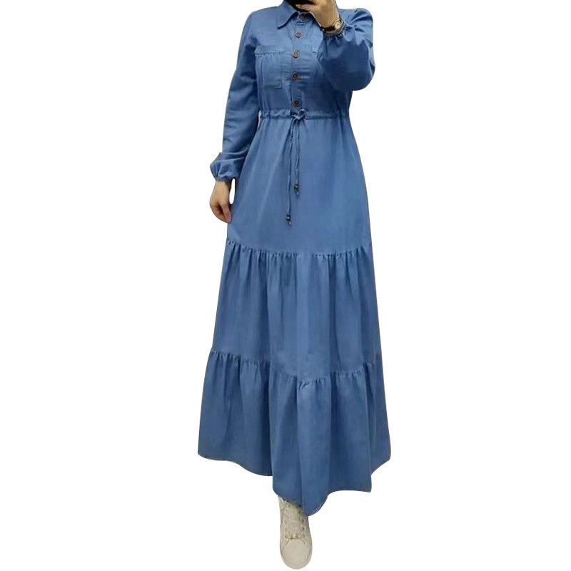 Eid New Muslim Long Abaya Pleated Denim Dresses Middle East Dubai Muslim Dresses Abaya Blue Denim Long clothing manufacturers
