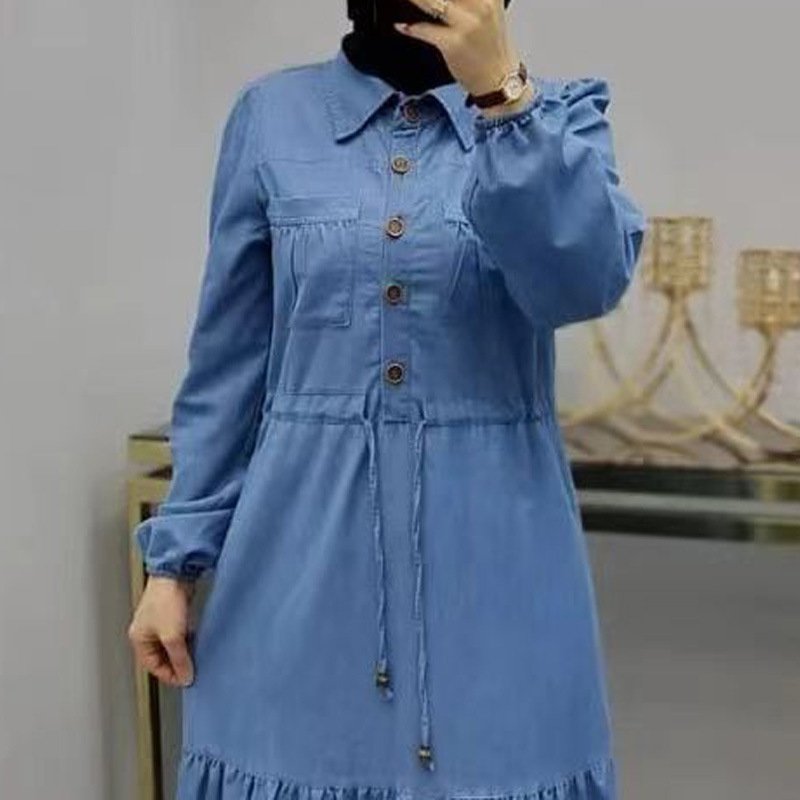 Eid New Muslim Long Abaya Pleated Denim Dresses Middle East Dubai Muslim Dresses Abaya Blue Denim Long clothing manufacturers