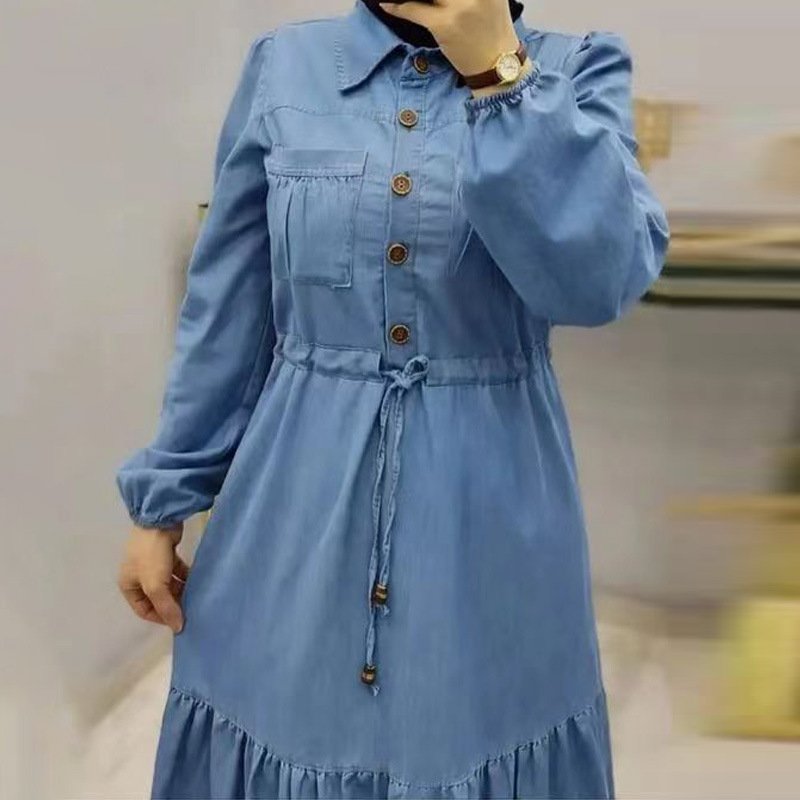 Eid New Muslim Long Abaya Pleated Denim Dresses Middle East Dubai Muslim Dresses Abaya Blue Denim Long clothing manufacturers