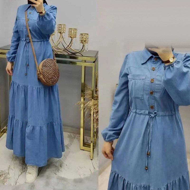 Eid New Muslim Long Abaya Pleated Denim Dresses Middle East Dubai Muslim Dresses Abaya Blue Denim Long clothing manufacturers
