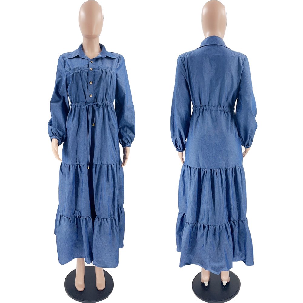 Eid New Muslim Long Abaya Pleated Denim Dresses Middle East Dubai Muslim Dresses Abaya Blue Denim Long clothing manufacturers